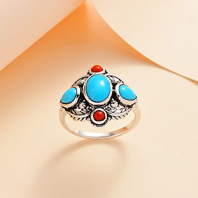 Artisan Crafted Sleeping Beauty Turquoise and Mediterranean Coral Ring in Sterling Silver (Size 10.0) 3.00 ctw