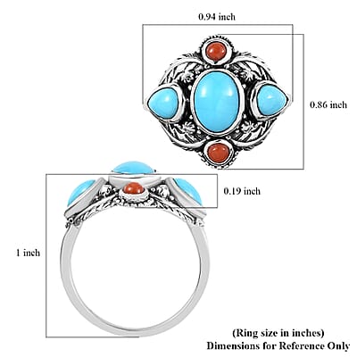 Artisan Crafted Sleeping Beauty Turquoise and Mediterranean Coral Ring in Sterling Silver (Size 10.0) 3.00 ctw