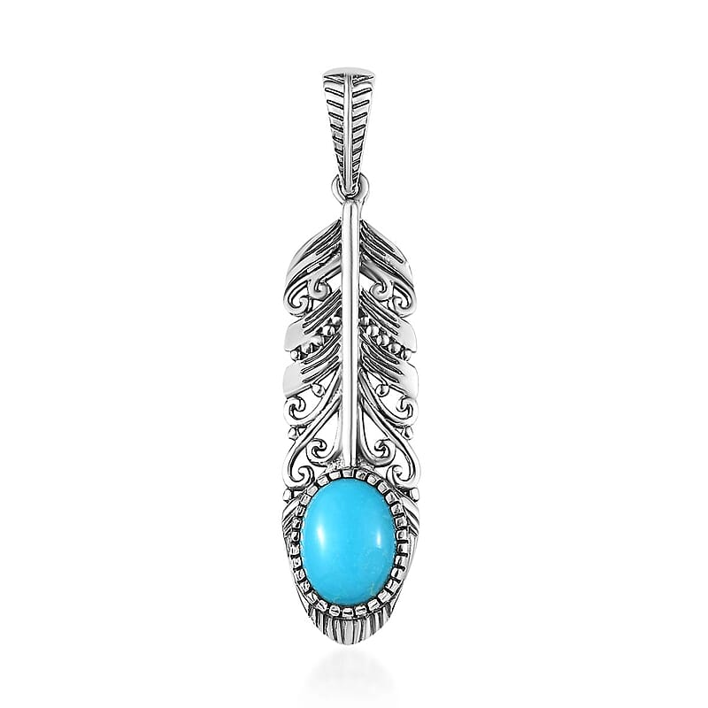 Artisan Crafted Sleeping Beauty Turquoise Feather Pendant in Sterling Silver 1.50 ctw