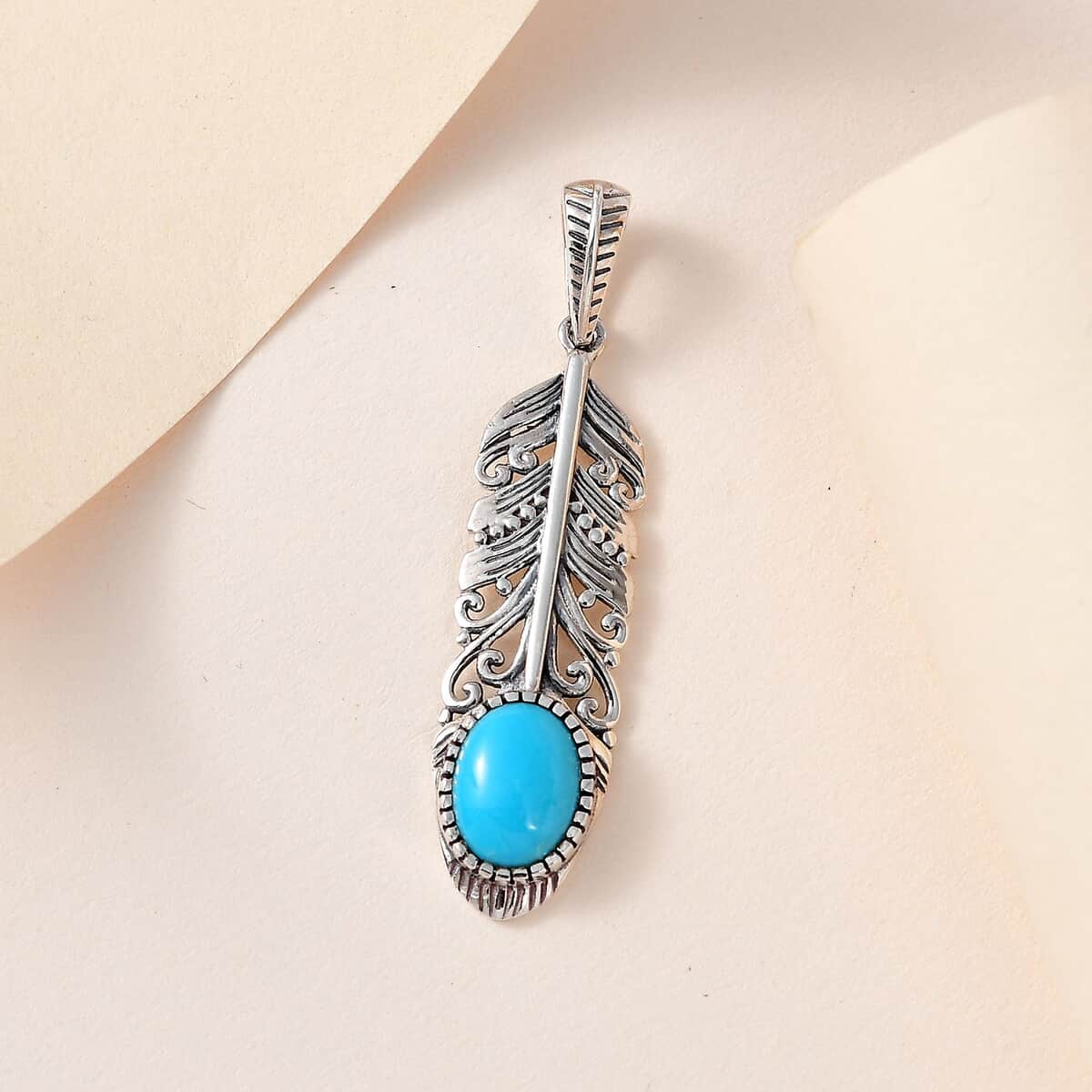 Artisan Crafted Sleeping Beauty Turquoise Feather Pendant in Sterling Silver 1.50 ctw image number 1