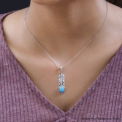 Artisan Crafted Sleeping Beauty Turquoise Feather Pendant in Sterling Silver 1.50 ctw