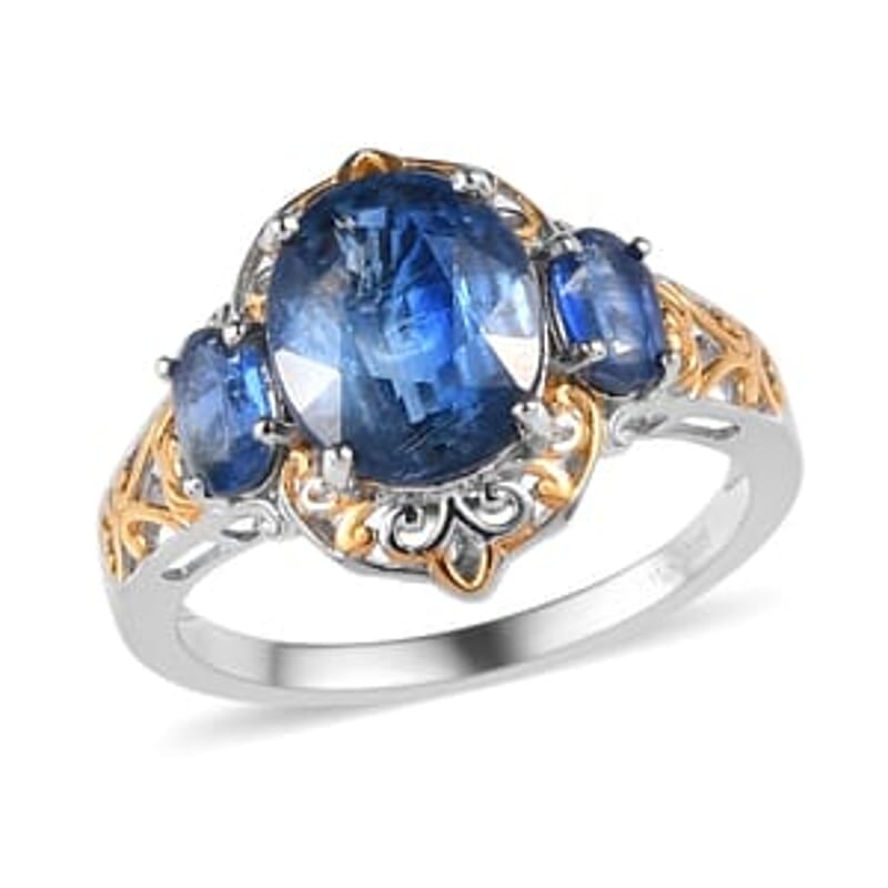 Kashmir Kyanite 3 Stone Ring in Vermeil Yellow Gold and Platinum Over Sterling Silver (Size 10.0) 5.65 ctw