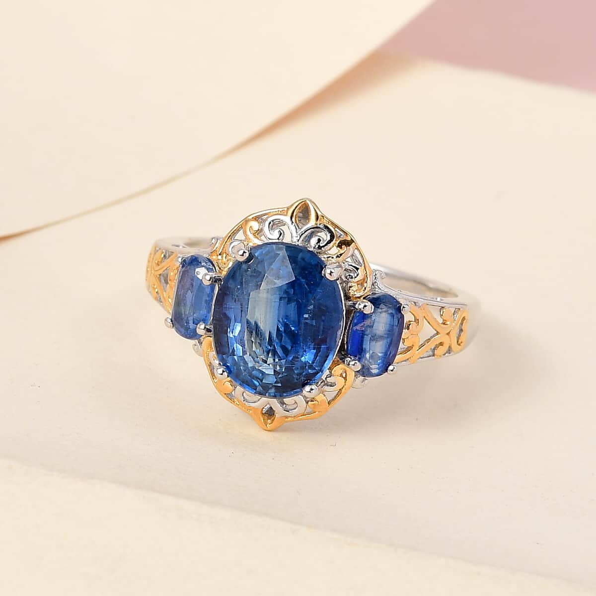Kashmir Kyanite 3 Stone Ring in Vermeil Yellow Gold and Platinum Over Sterling Silver 5.65 ctw image number 1