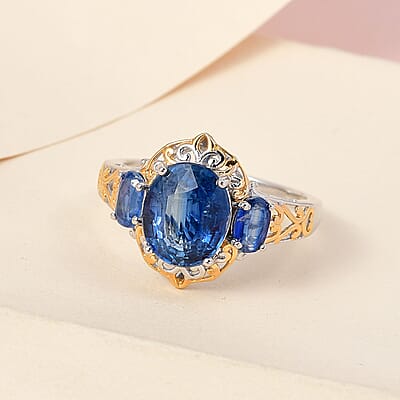 Kashmir Kyanite 3 Stone Ring in Vermeil Yellow Gold and Platinum Over Sterling Silver (Size 10.0) 5.65 ctw