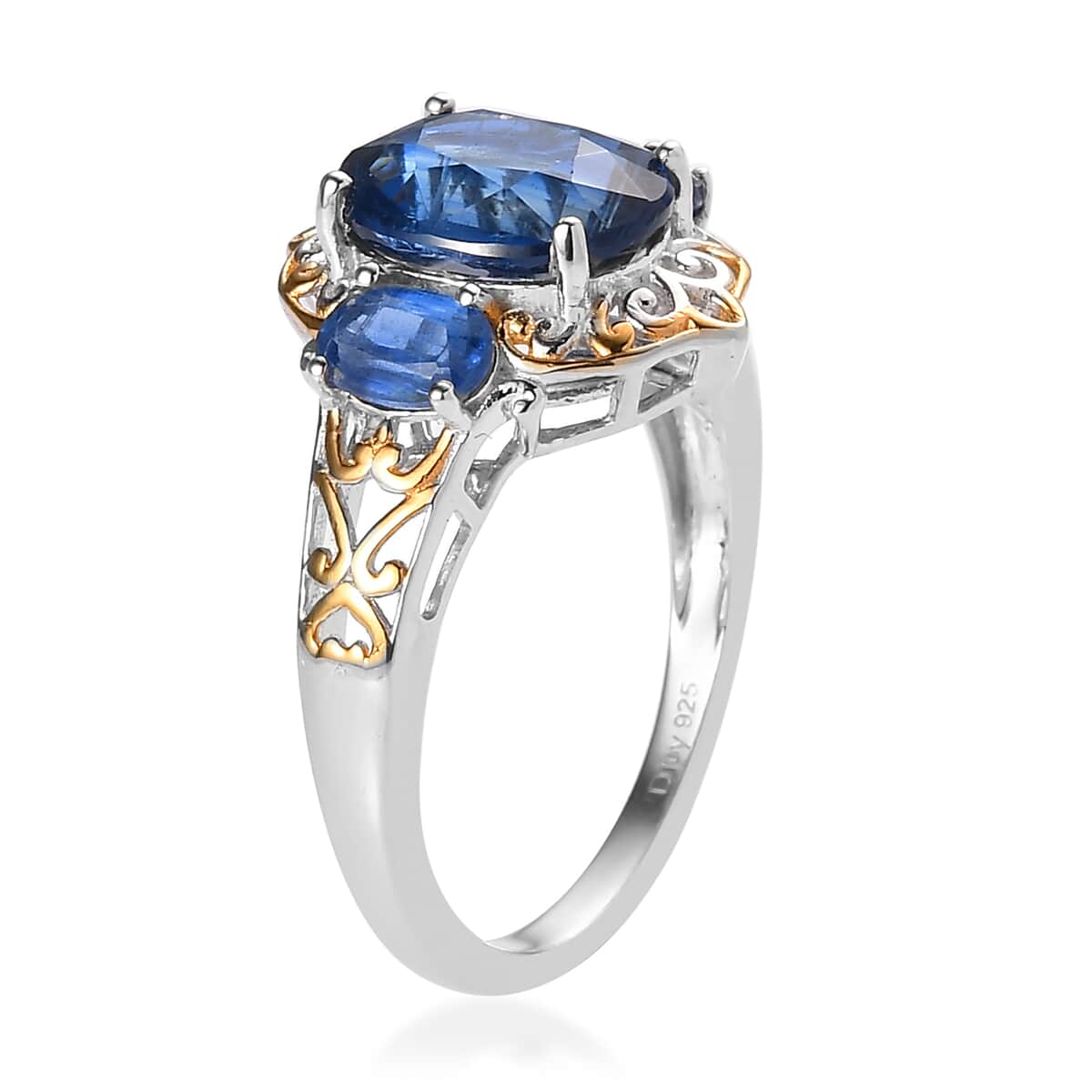 Kashmir Kyanite 3 Stone Ring in Vermeil Yellow Gold and Platinum Over Sterling Silver 5.65 ctw image number 3