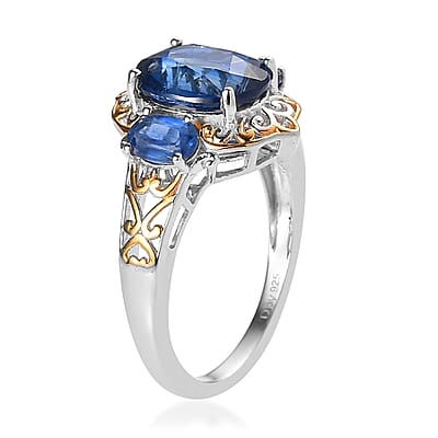 Kashmir Kyanite 3 Stone Ring in Vermeil Yellow Gold and Platinum Over Sterling Silver (Size 10.0) 5.65 ctw