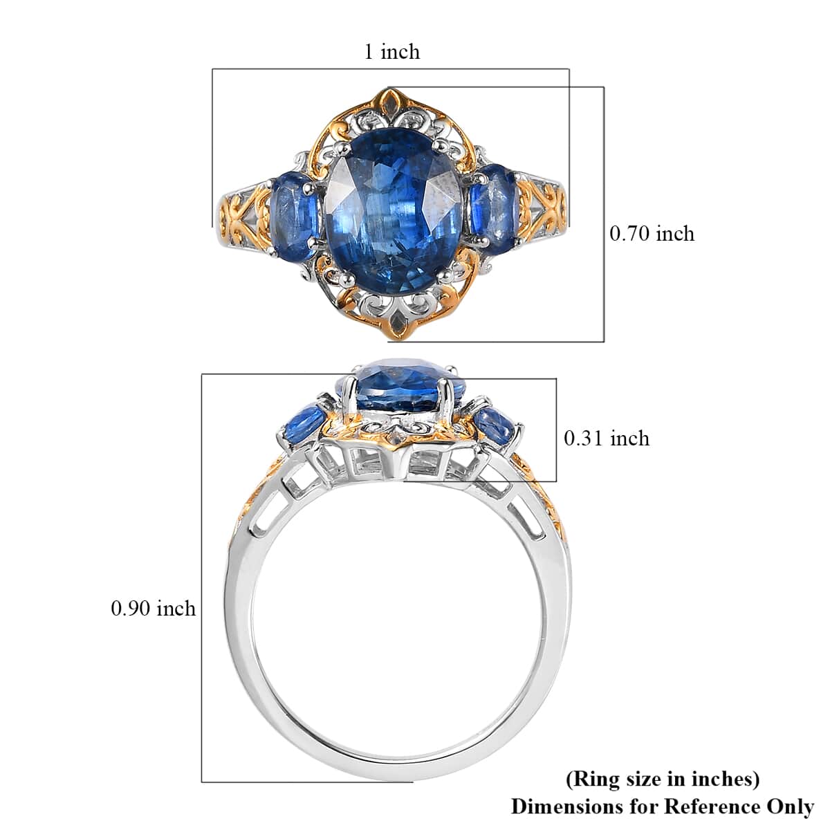 Kashmir Kyanite 3 Stone Ring in Vermeil Yellow Gold and Platinum Over Sterling Silver 5.65 ctw image number 5