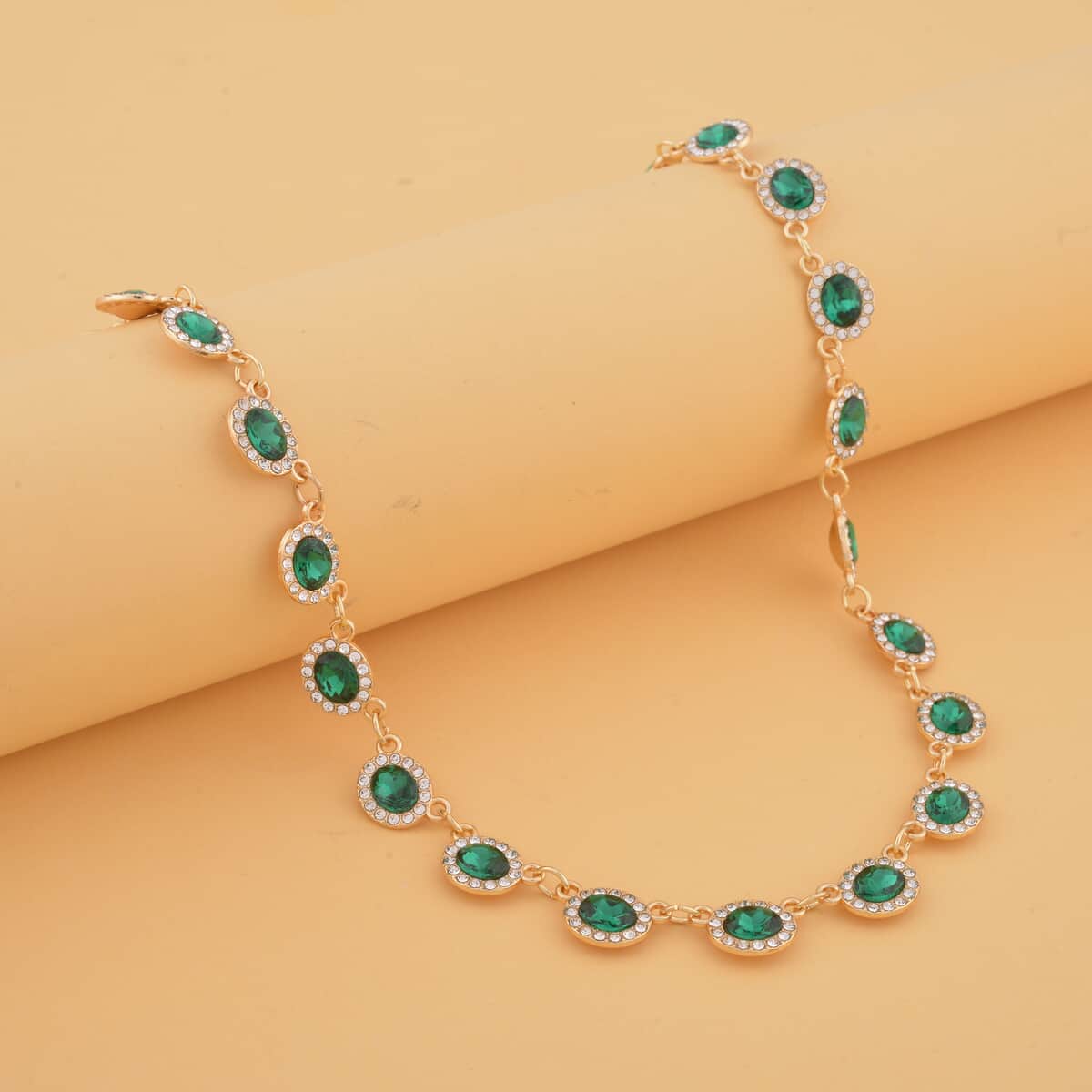 Simulated Emerald and White Austrian Crystal Necklace 20-22 Inches in Goldtone image number 1