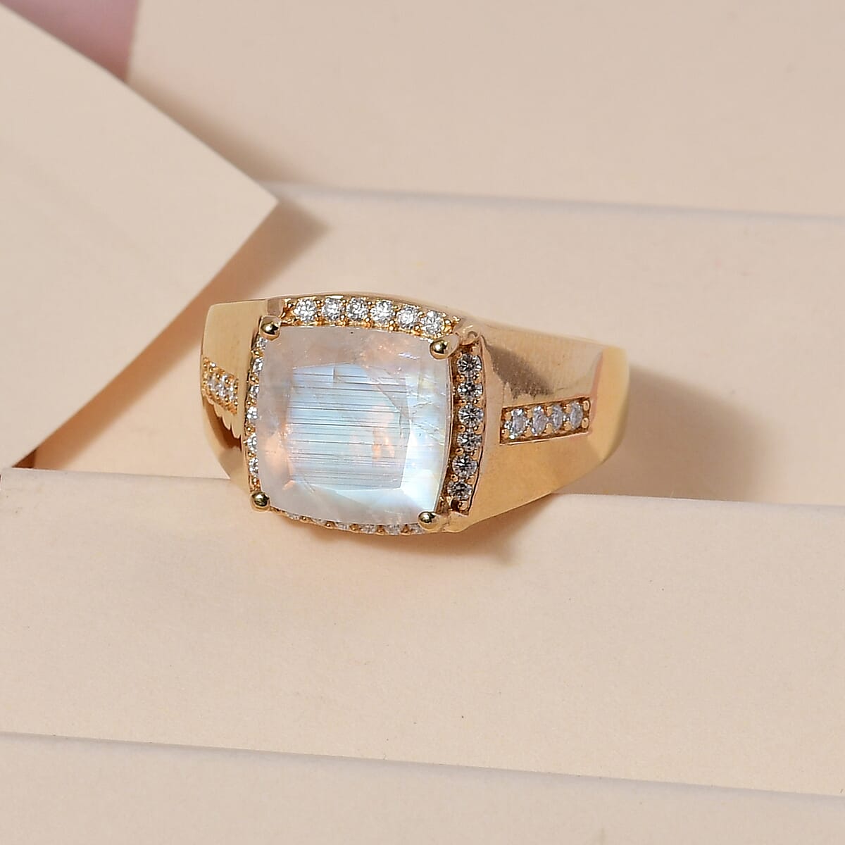 Premium Rainbow Moonstone and Moissanite Men's Ring in Vermeil Yellow Gold Over Sterling Silver (Size 9.0) 4.35 ctw image number 1