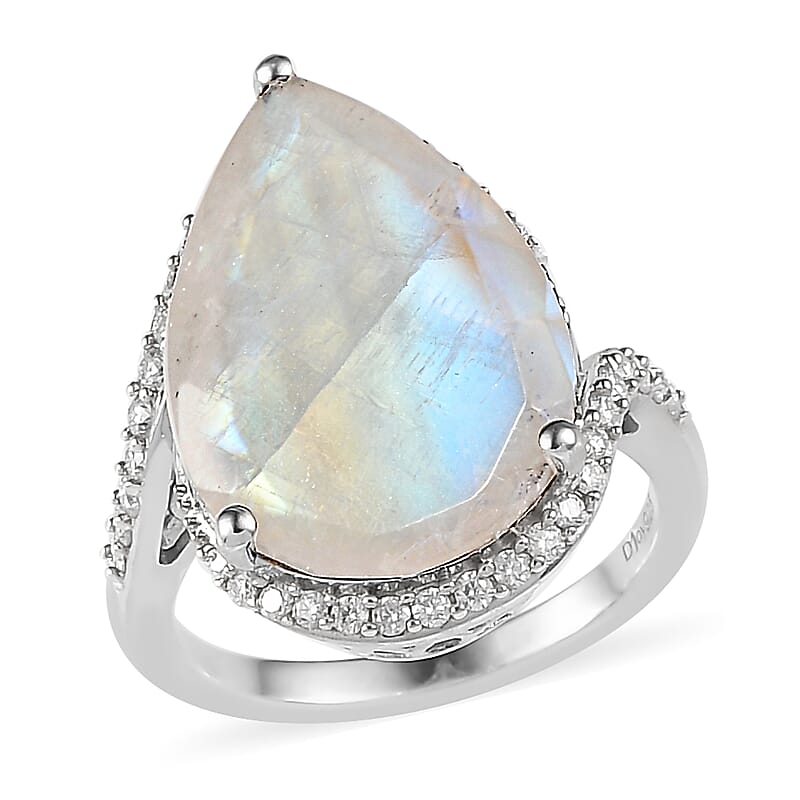Premium Rainbow Moonstone and Moissanite Ring in Platinum Over Sterling Silver (Size 10.0) 10.75 ctw
