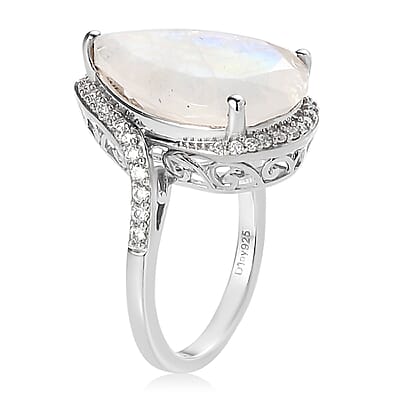 Premium Rainbow Moonstone and Moissanite Ring in Platinum Over Sterling Silver (Size 10.0) 10.75 ctw
