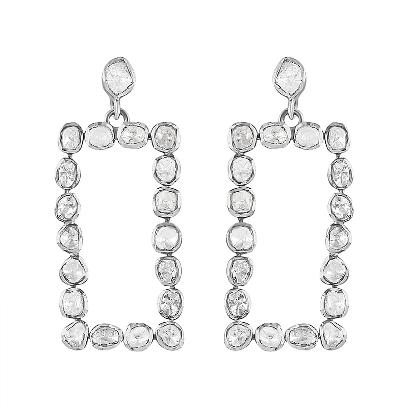 Polki Diamond Rectangular Shape Dangle Earrings in Platinum Over Sterling Silver 2.00 ctw