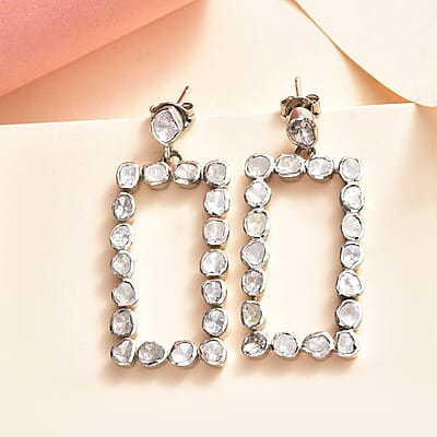 Polki Diamond Rectangular Shape Dangle Earrings in Platinum Over Sterling Silver 2.00 ctw