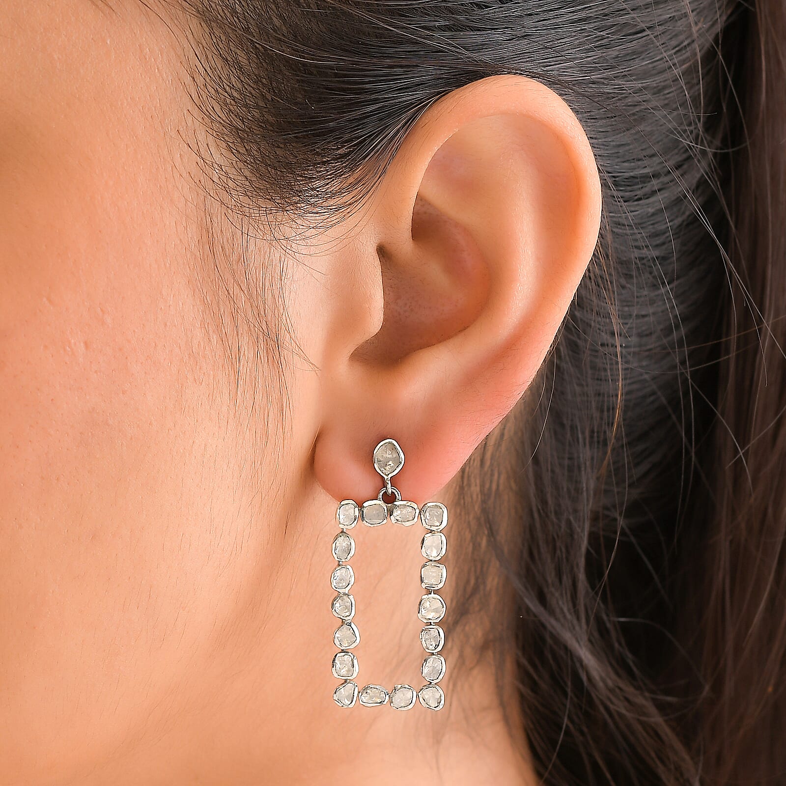 Polki Diamond Rectangular Shape Dangle Earrings in Platinum Over Sterling Silver 2.00 ctw