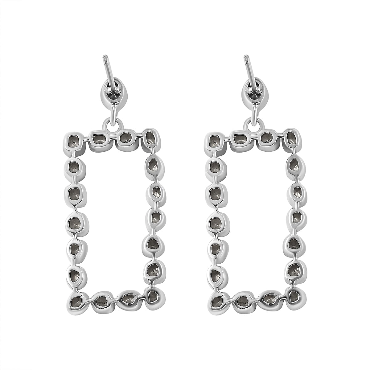 Polki Diamond Rectangular Shape Dangle Earrings in Platinum Over Sterling Silver 2.00 ctw