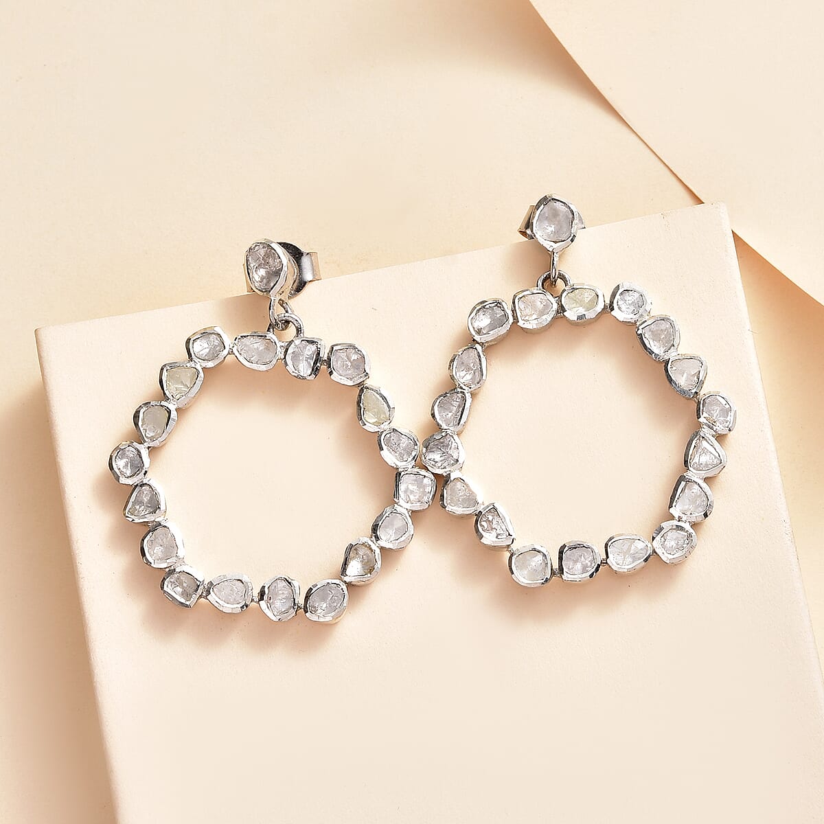 Polki Diamond Hexagon Shape Dangle Earrings in Platinum Over Sterling Silver 2.00 ctw image number 1