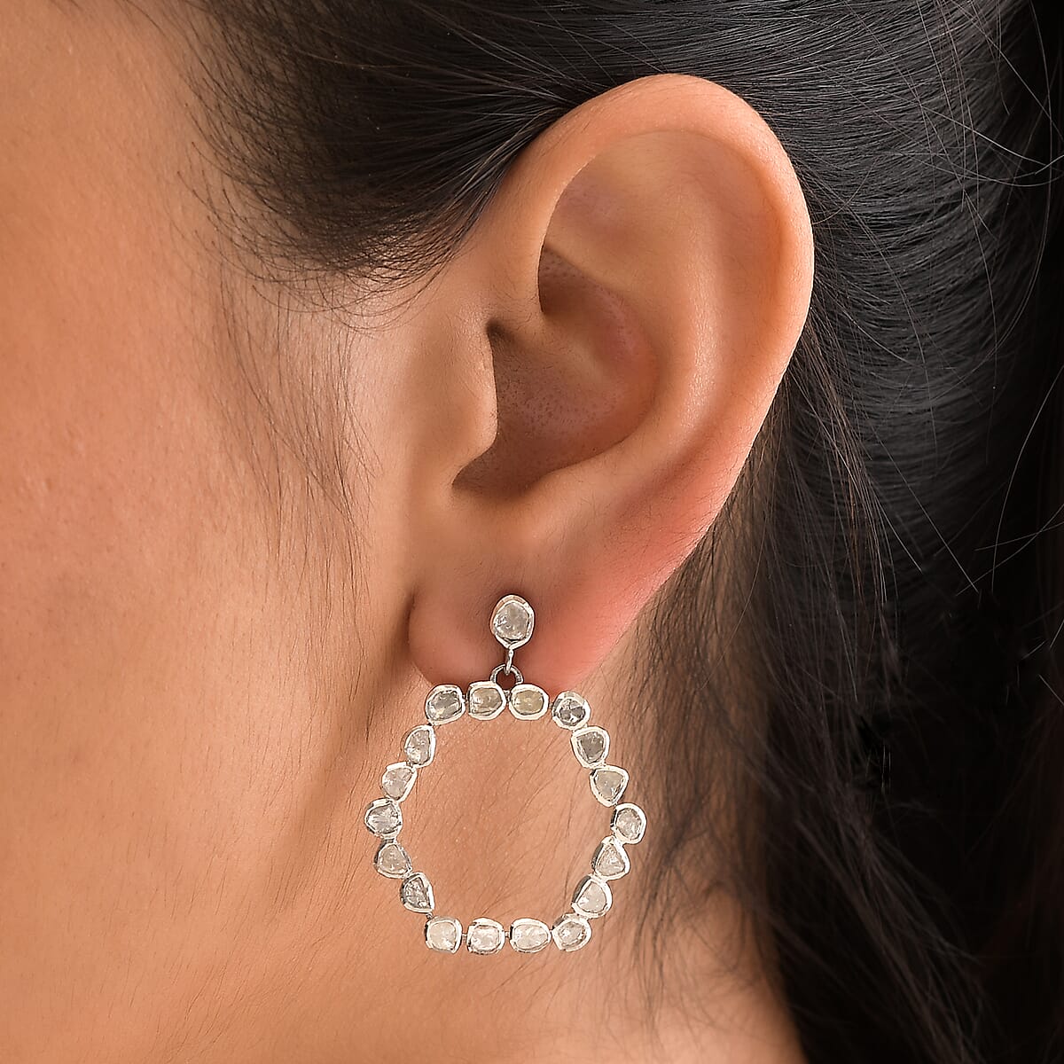 Polki Diamond Hexagon Shape Dangle Earrings in Platinum Over Sterling Silver 2.00 ctw image number 2