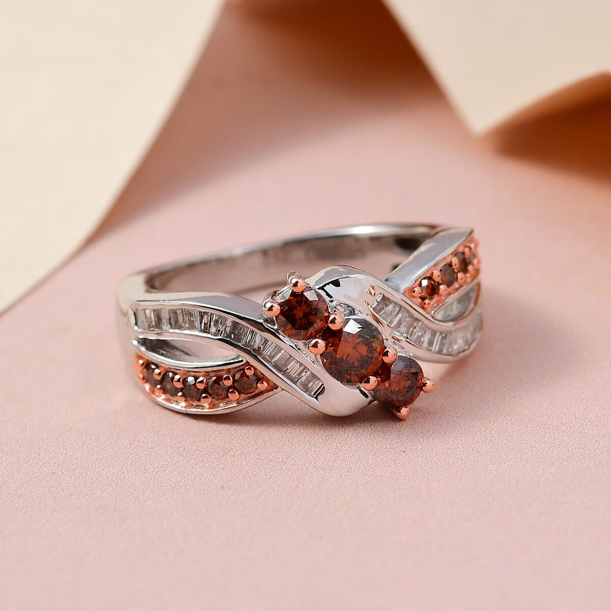 Orange Diamond and White Diamond Ring in Platinum Over Sterling Silver 0.75 ctw image number 1