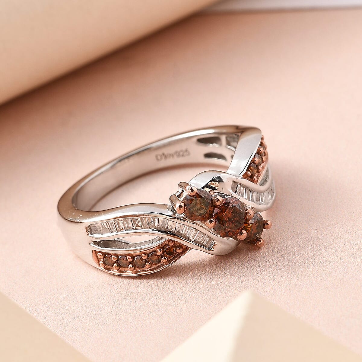 Orange and White Diamond Ring in Platinum Over Sterling Silver (Size 7.0) 0.75 ctw image number 1