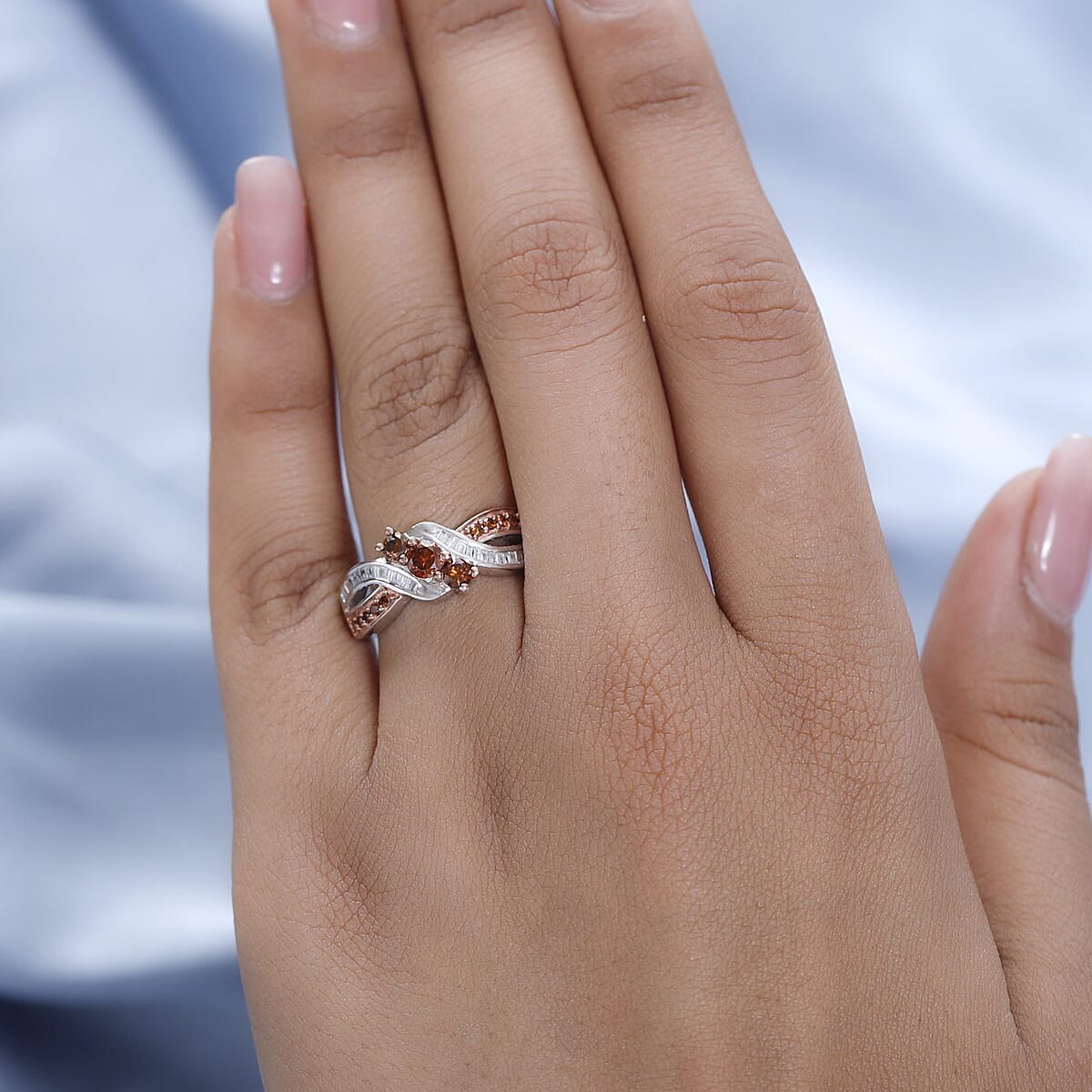 Orange and White Diamond Ring in Platinum Over Sterling Silver (Size 7.0) 0.75 ctw image number 2