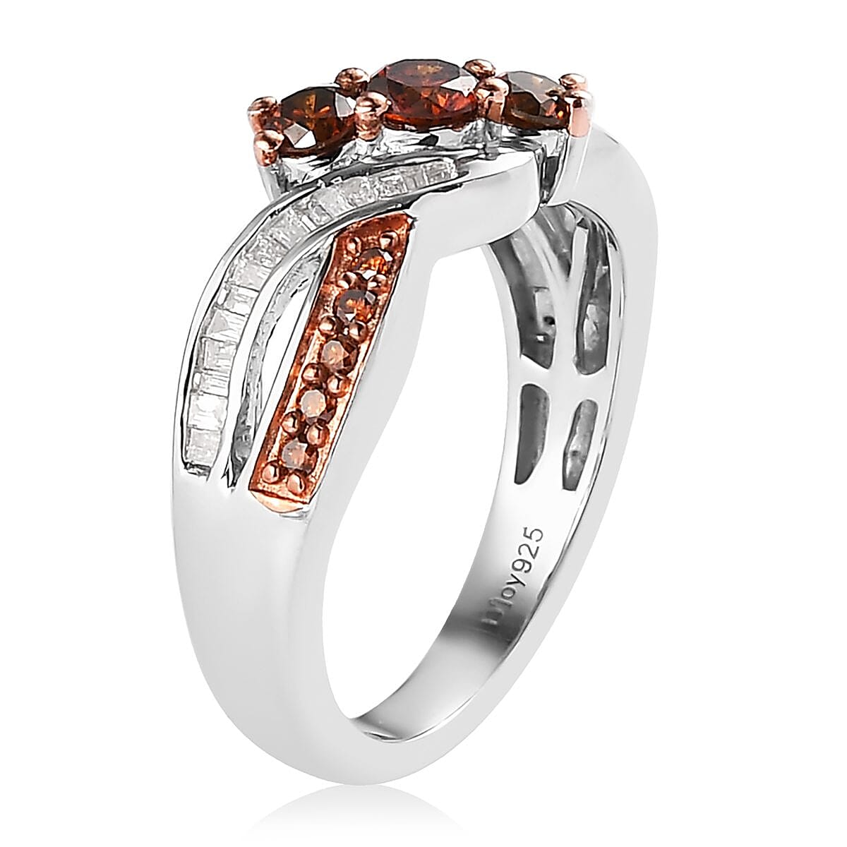 Orange and White Diamond Ring in Platinum Over Sterling Silver (Size 7.0) 0.75 ctw image number 3