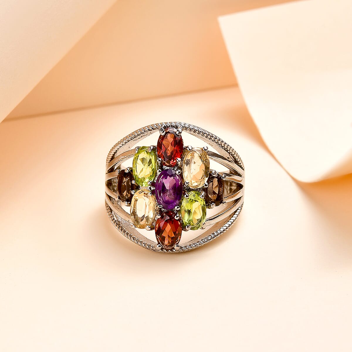 Multi Gemstone Ring in Stainless Steel (Size 5) 3.65 ctw , Tarnish-Free, Waterproof, Sweat Proof Jewelry image number 1
