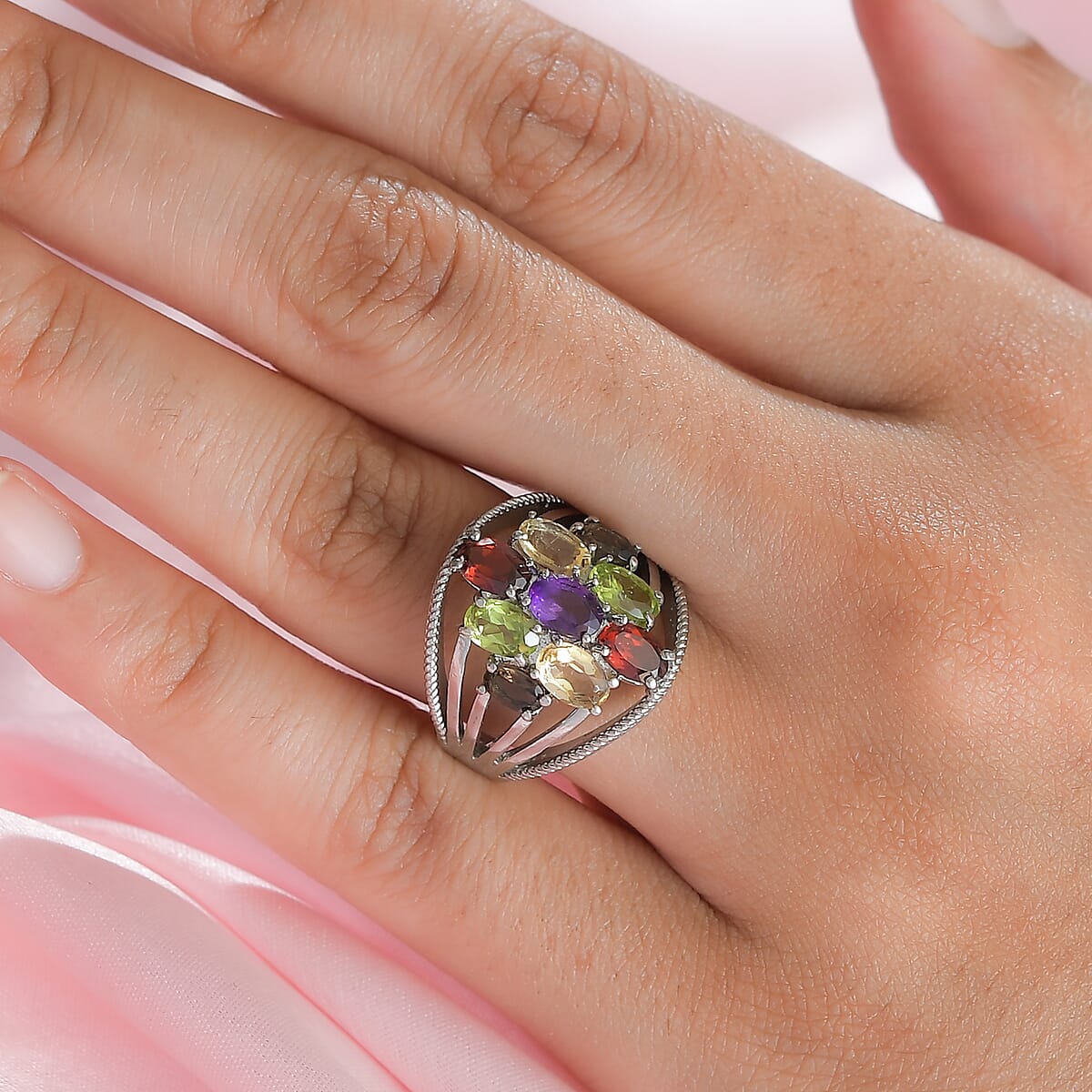 Multi Gemstone Ring in Stainless Steel (Size 5) 3.65 ctw , Tarnish-Free, Waterproof, Sweat Proof Jewelry image number 2