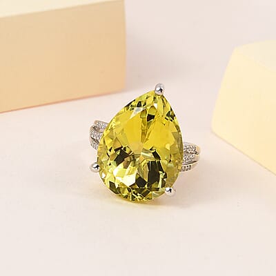 Ouro Verde Quartz and White Zircon Ring in Platinum Over Sterling Silver (Size 10.0) 16.00 ctw