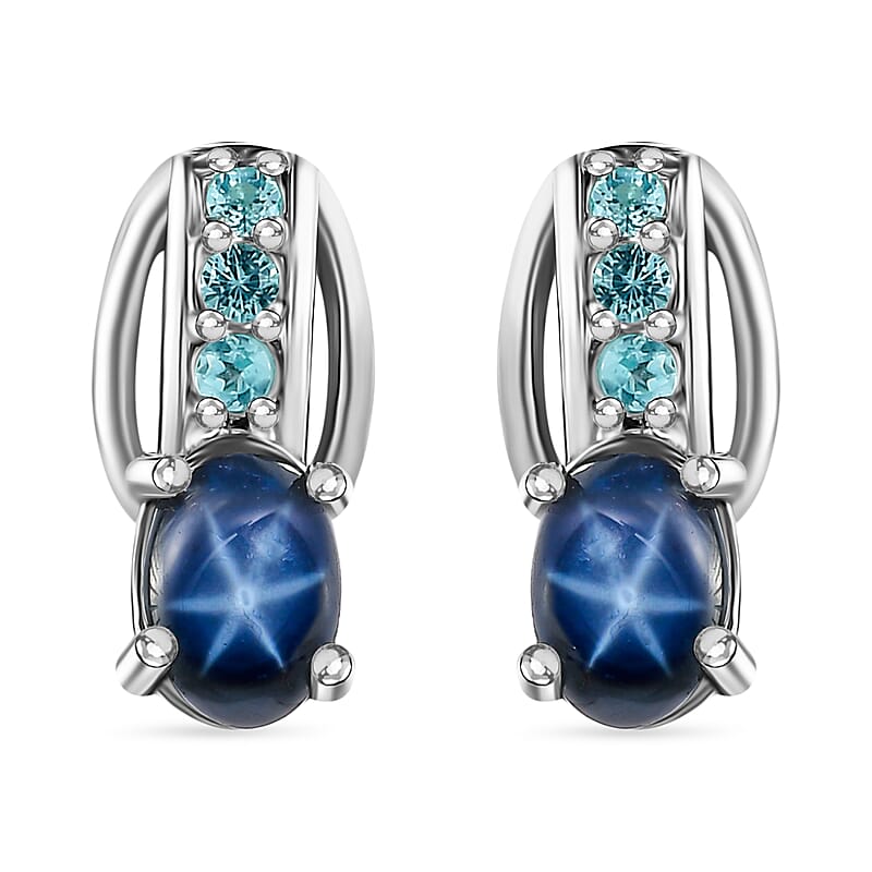 Blue Star Sapphire (DF) and Madagascar Paraiba Apatite Earrings in Platinum Over Sterling Silver 1.75 ctw
