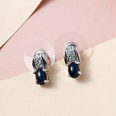 Blue Star Sapphire (DF) and Madagascar Paraiba Apatite Earrings in Platinum Over Sterling Silver 1.75 ctw