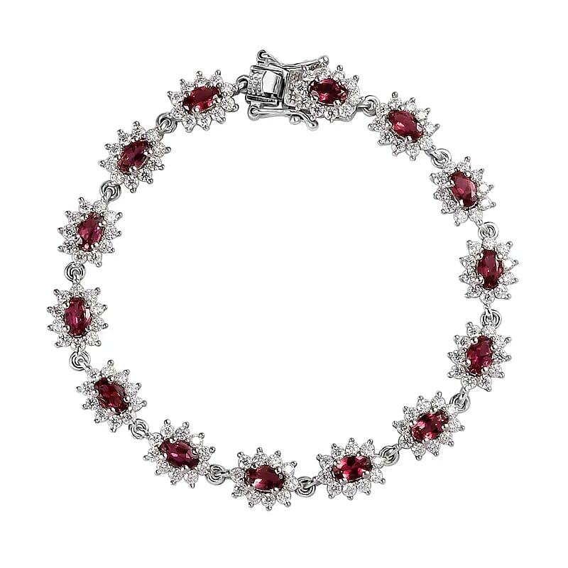 Ouro Fino Rubellite Sunburst Bracelet, Moissanite Accent Bracelet, Rubellite Bracelet, Platinum Over Sterling Silver Bracelet (6.50 In) 6.25 ctw