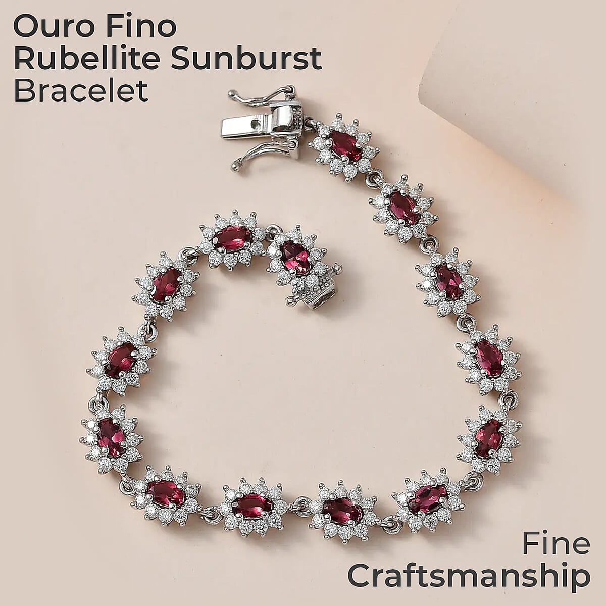 Ouro Fino Rubellite Sunburst Bracelet, Moissanite Accent Bracelet, Rubellite Bracelet, Platinum Over Sterling Silver Bracelet (7.25 In) 6.50 ctw image number 1