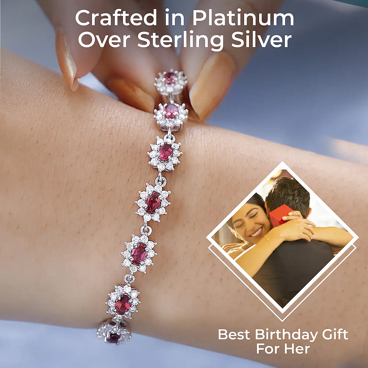Ouro Fino Rubellite Sunburst Bracelet, Moissanite Accent Bracelet, Rubellite Bracelet, Platinum Over Sterling Silver Bracelet (7.25 In) 6.50 ctw image number 2