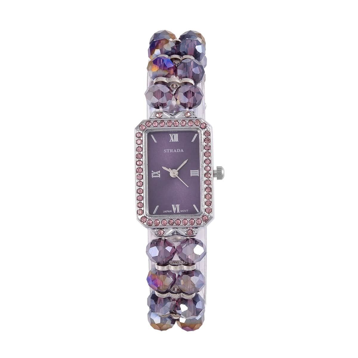 Strada Japanese Movement Purple Austrian Crystal & Magic Purple Color Glass Beaded Stretch Bracelet Watch (20.32-28.19mm) (6.50-7.00 Inches) image number 0