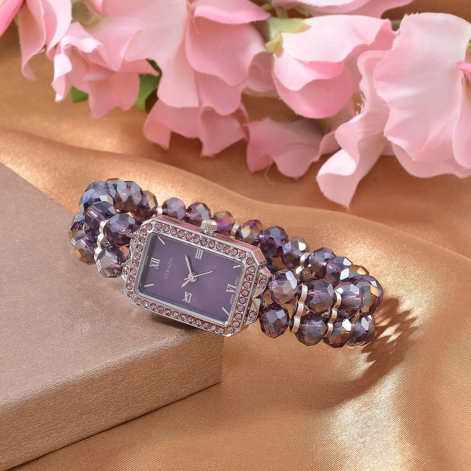 Strada Japanese Movement Purple Austrian Crystal & Magic Purple Color Glass Beaded Stretch Bracelet Watch (20.32-28.19mm) (6.50-7.00 Inches)
