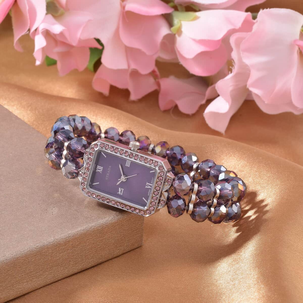 Strada Japanese Movement Purple Austrian Crystal & Magic Purple Color Glass Beaded Stretch Bracelet Watch (20.32-28.19mm) (6.50-7.00 Inches) image number 1