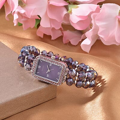 Strada Japanese Movement Purple Austrian Crystal & Magic Purple Color Glass Beaded Stretch Bracelet Watch (20.32-28.19mm) (6.50-7.00 Inches)