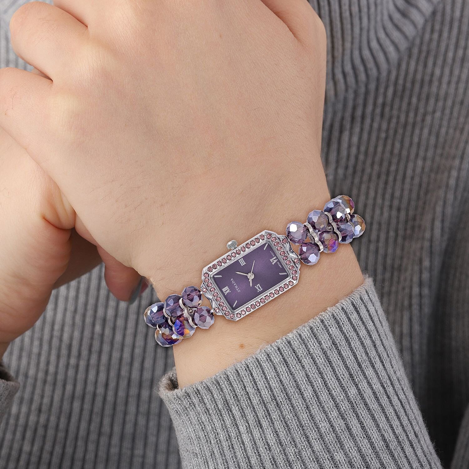 Strada Japanese Movement Purple Austrian Crystal & Magic Purple Color Glass Beaded Stretch Bracelet Watch (20.32-28.19mm) (6.50-7.00 Inches)