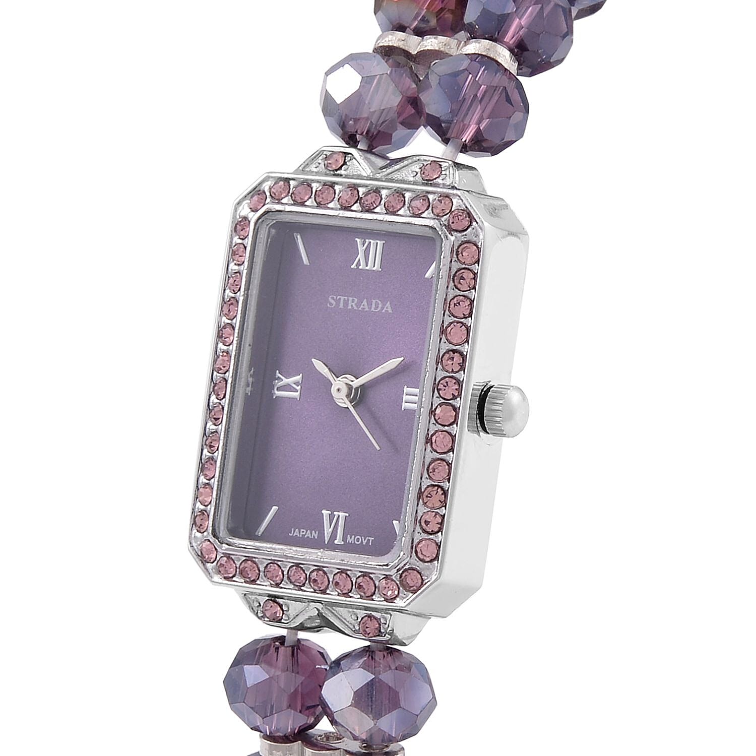 Strada Japanese Movement Purple Austrian Crystal & Magic Purple Color Glass Beaded Stretch Bracelet Watch (20.32-28.19mm) (6.50-7.00 Inches)
