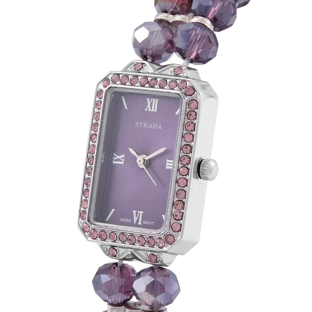 Strada Japanese Movement Purple Austrian Crystal & Magic Purple Color Glass Beaded Stretch Bracelet Watch (20.32-28.19mm) (6.50-7.00 Inches) image number 3
