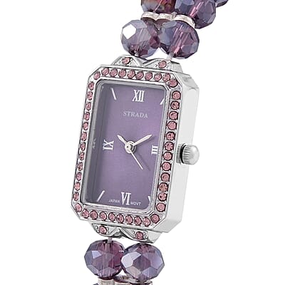 Strada Japanese Movement Purple Austrian Crystal & Magic Purple Color Glass Beaded Stretch Bracelet Watch (20.32-28.19mm) (6.50-7.00 Inches)