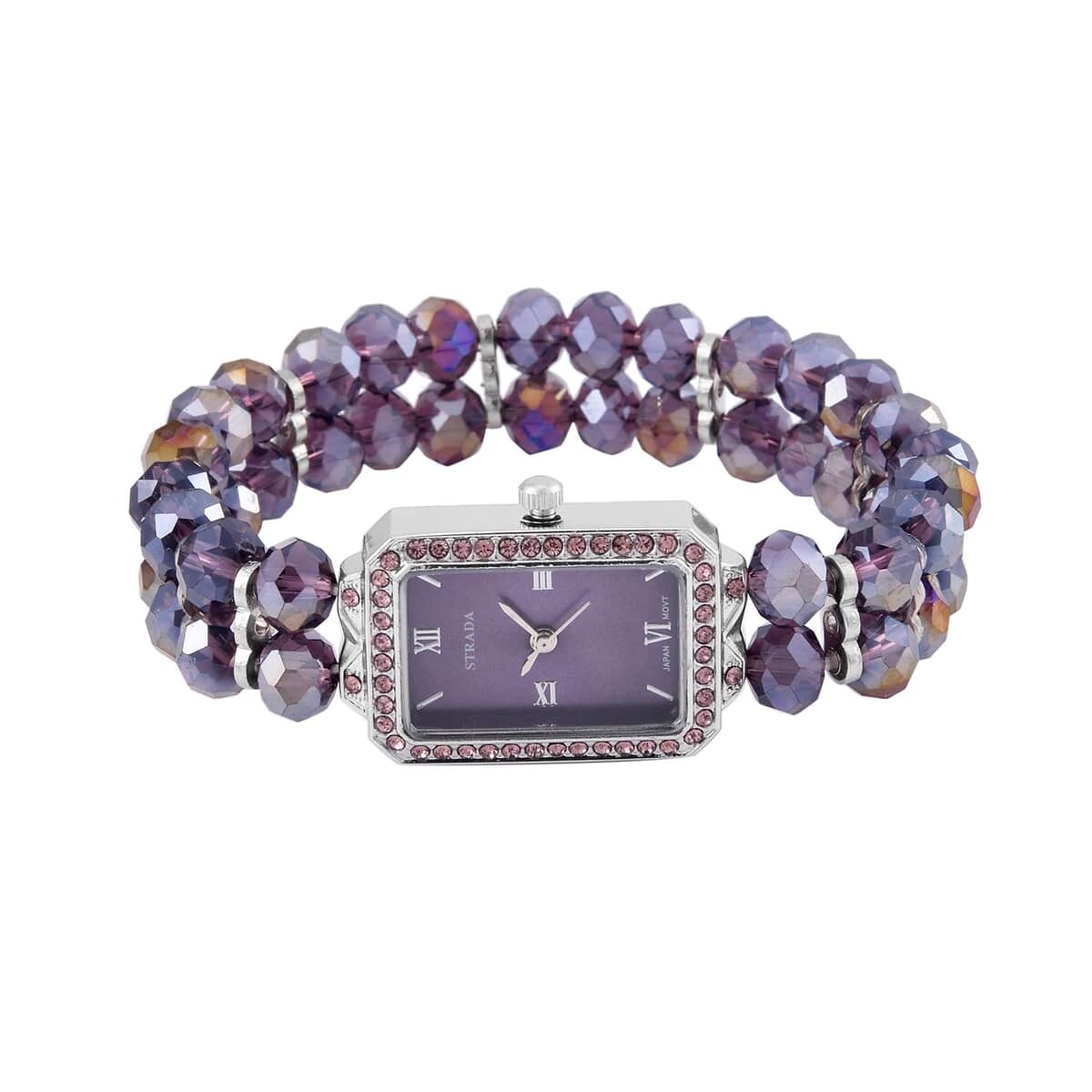 Strada Japanese Movement Purple Austrian Crystal & Magic Purple Color Glass Beaded Stretch Bracelet Watch (20.32-28.19mm) (6.50-7.00 Inches) image number 4