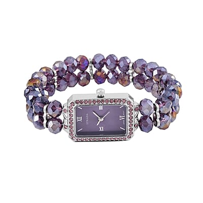 Strada Japanese Movement Purple Austrian Crystal & Magic Purple Color Glass Beaded Stretch Bracelet Watch (20.32-28.19mm) (6.50-7.00 Inches)