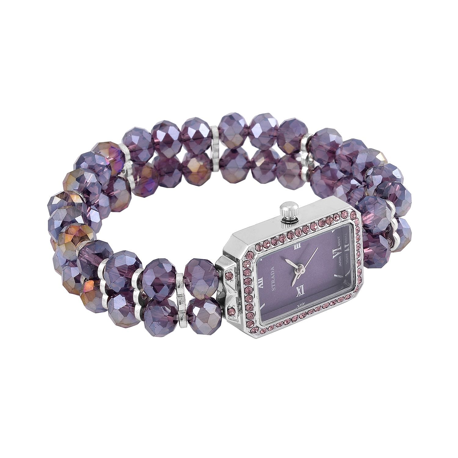Strada Japanese Movement Purple Austrian Crystal & Magic Purple Color Glass Beaded Stretch Bracelet Watch (20.32-28.19mm) (6.50-7.00 Inches)
