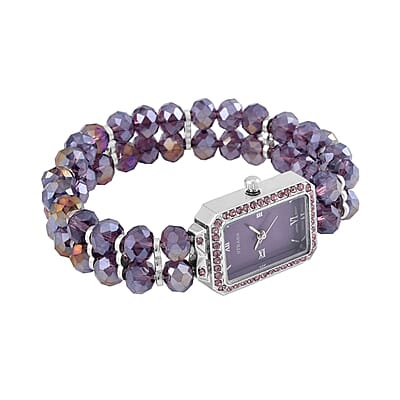Strada Japanese Movement Purple Austrian Crystal & Magic Purple Color Glass Beaded Stretch Bracelet Watch (20.32-28.19mm) (6.50-7.00 Inches)