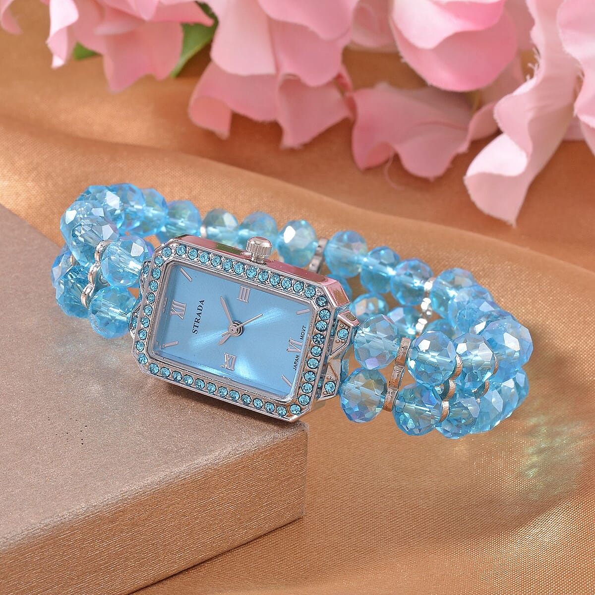 Strada Japanese Movement Blue Austrian Crystal & Blue Color Glass Beaded Stretch Bracelet Watch (20.32-28.19mm) (6.50-7.00 Inches) image number 1
