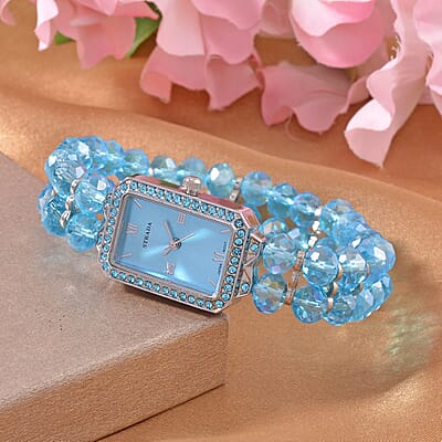 Strada Japanese Movement Blue Austrian Crystal & Blue Color Glass Beaded Stretch Bracelet Watch (20.32-28.19mm) (6.50-7.00 Inches)