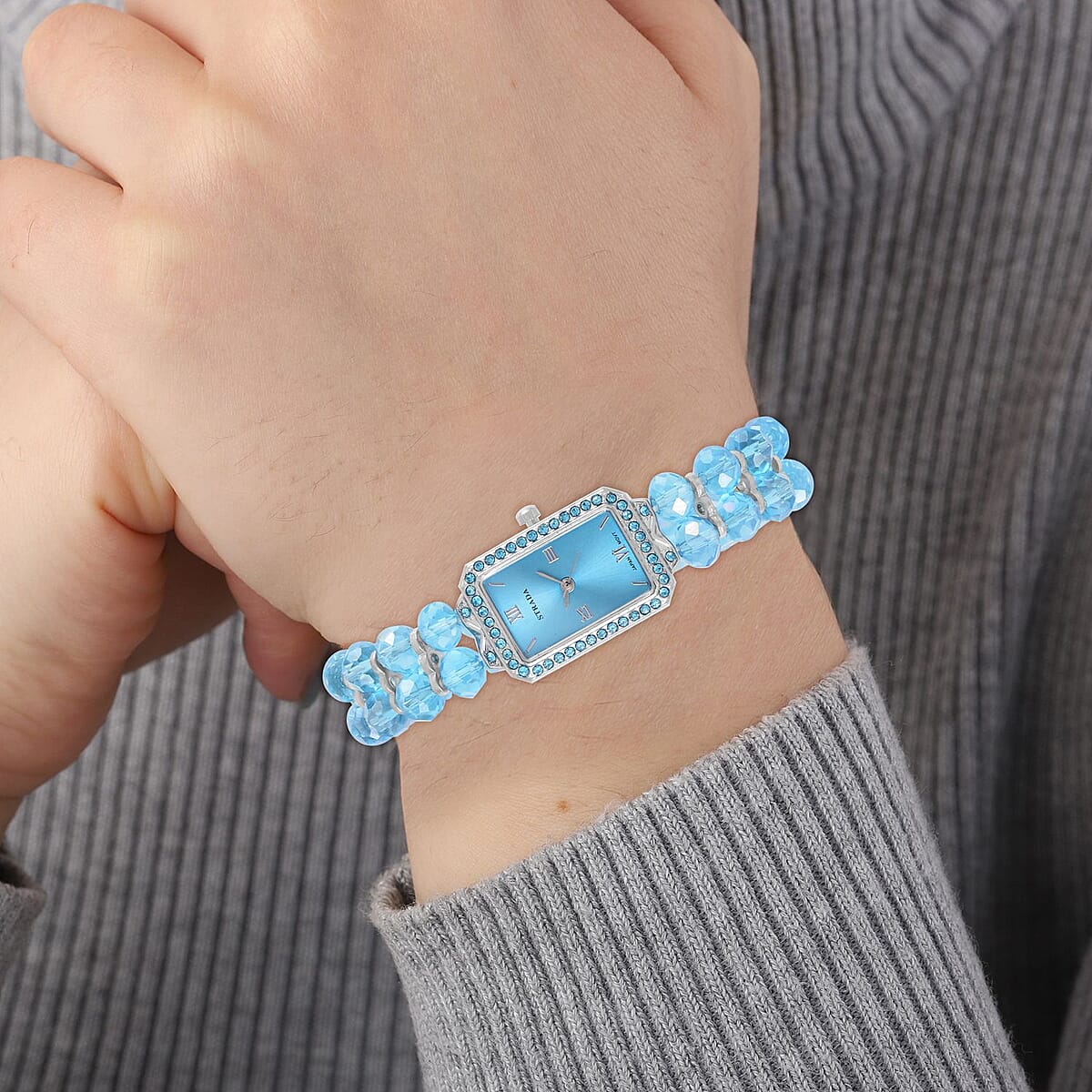 Strada Japanese Movement Blue Austrian Crystal & Blue Color Glass Beaded Stretch Bracelet Watch (20.32-28.19mm) (6.50-7.00 Inches) image number 2