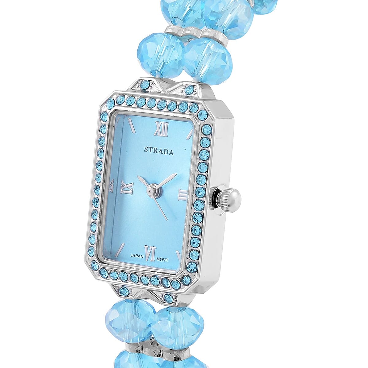 Strada Japanese Movement Blue Austrian Crystal & Blue Color Glass Beaded Stretch Bracelet Watch (20.32-28.19mm) (6.50-7.00 Inches) image number 3