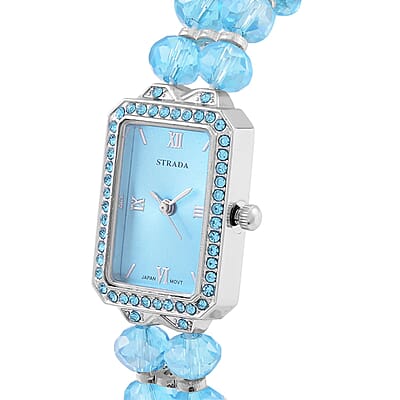 Strada Japanese Movement Blue Austrian Crystal & Blue Color Glass Beaded Stretch Bracelet Watch (20.32-28.19mm) (6.50-7.00 Inches)